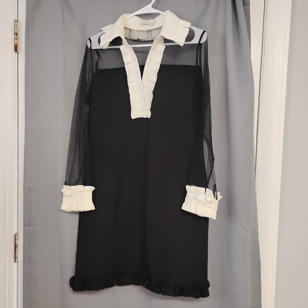 ❤️Amazing! ANNE FONTAINE White Black Frilly Sheer Sleeves Evening Dress SIZE 42